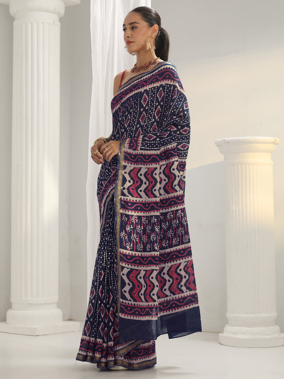  Navy Blue Dabu Print Cotton Saree 