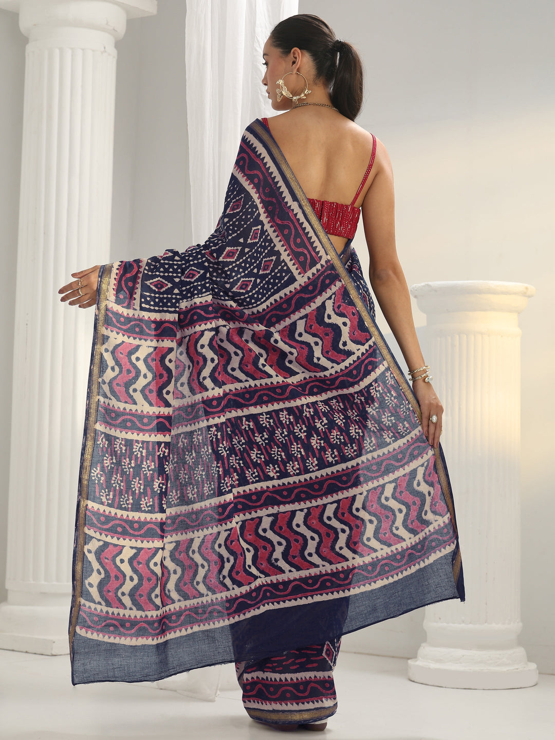  Navy Blue Dabu Print Cotton Saree 