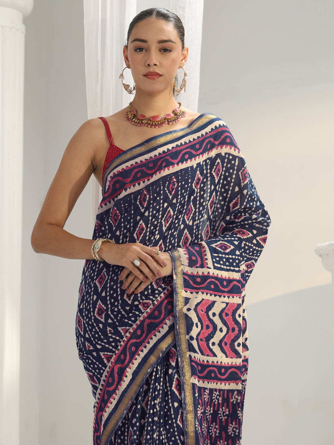  Navy Blue Dabu Print Cotton Saree 