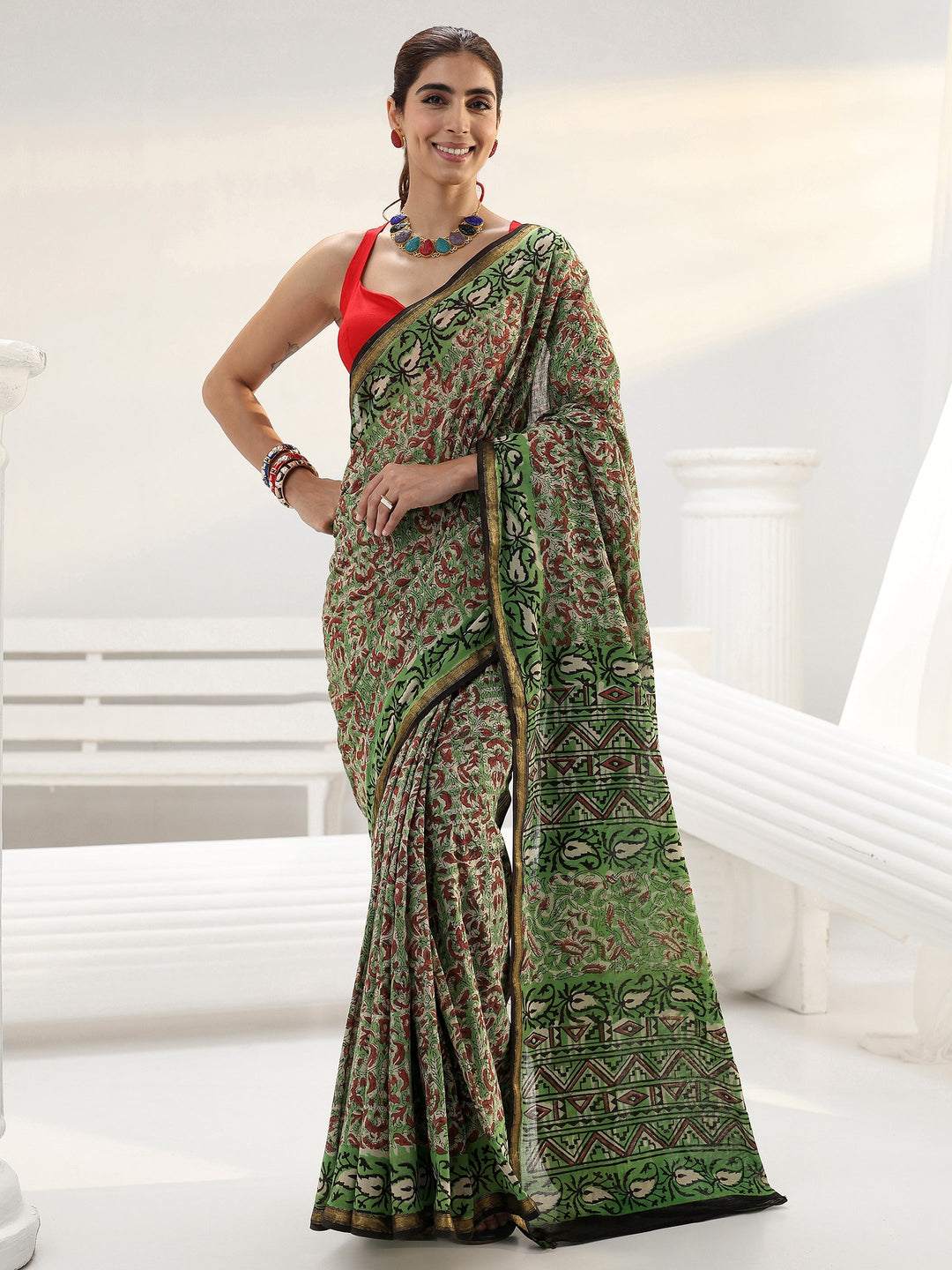  Green Floral Printed Cotton saree 