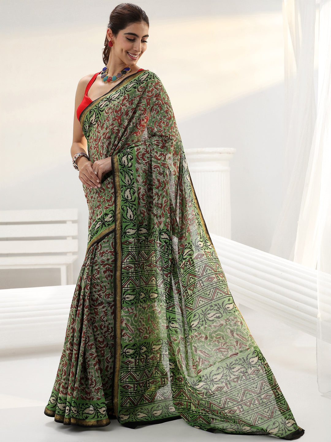  Green Floral Printed Cotton saree 