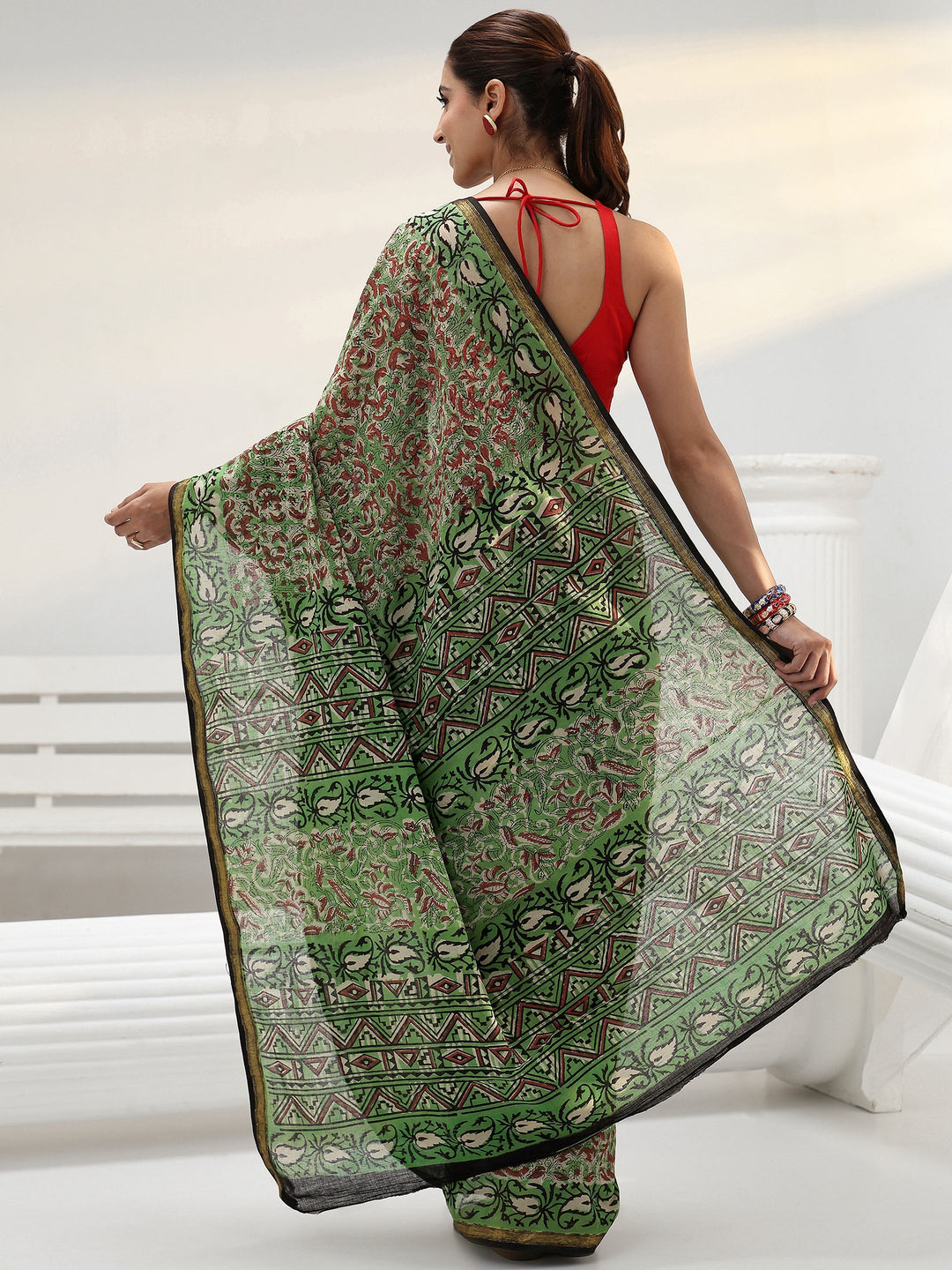  Green Floral Printed Cotton saree 