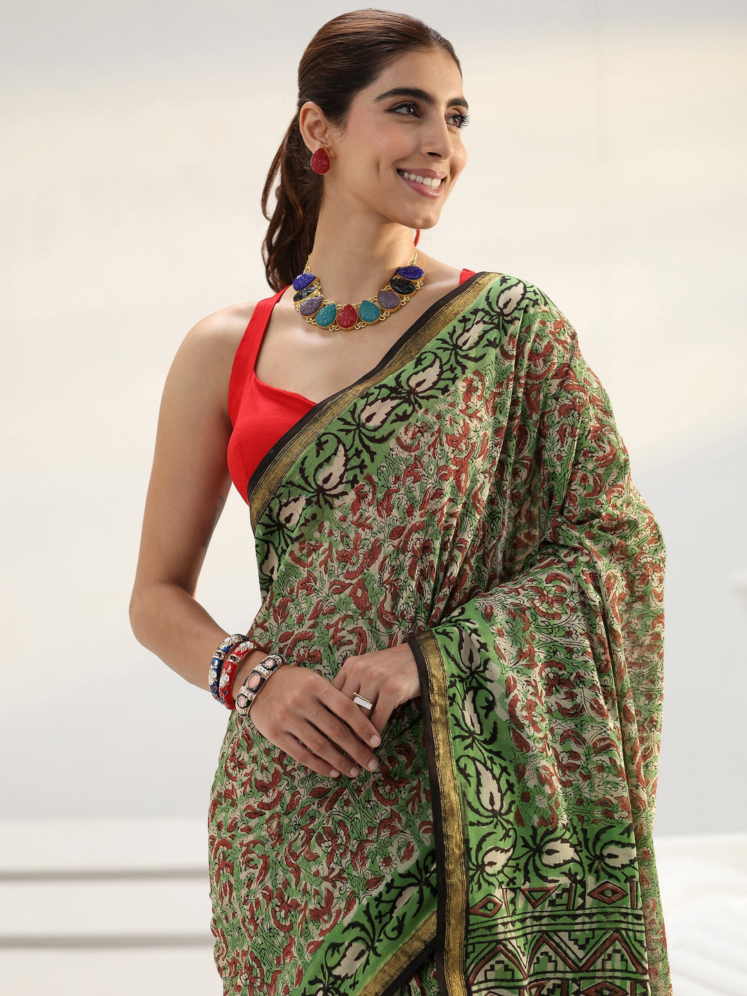 Green Floral Printed Cotton saree 