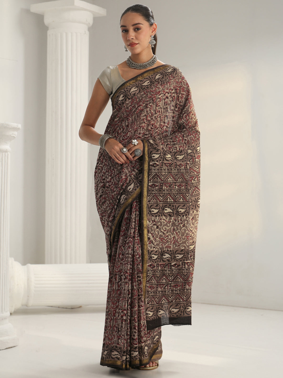 Grey Dabu Print Cotton Saree 