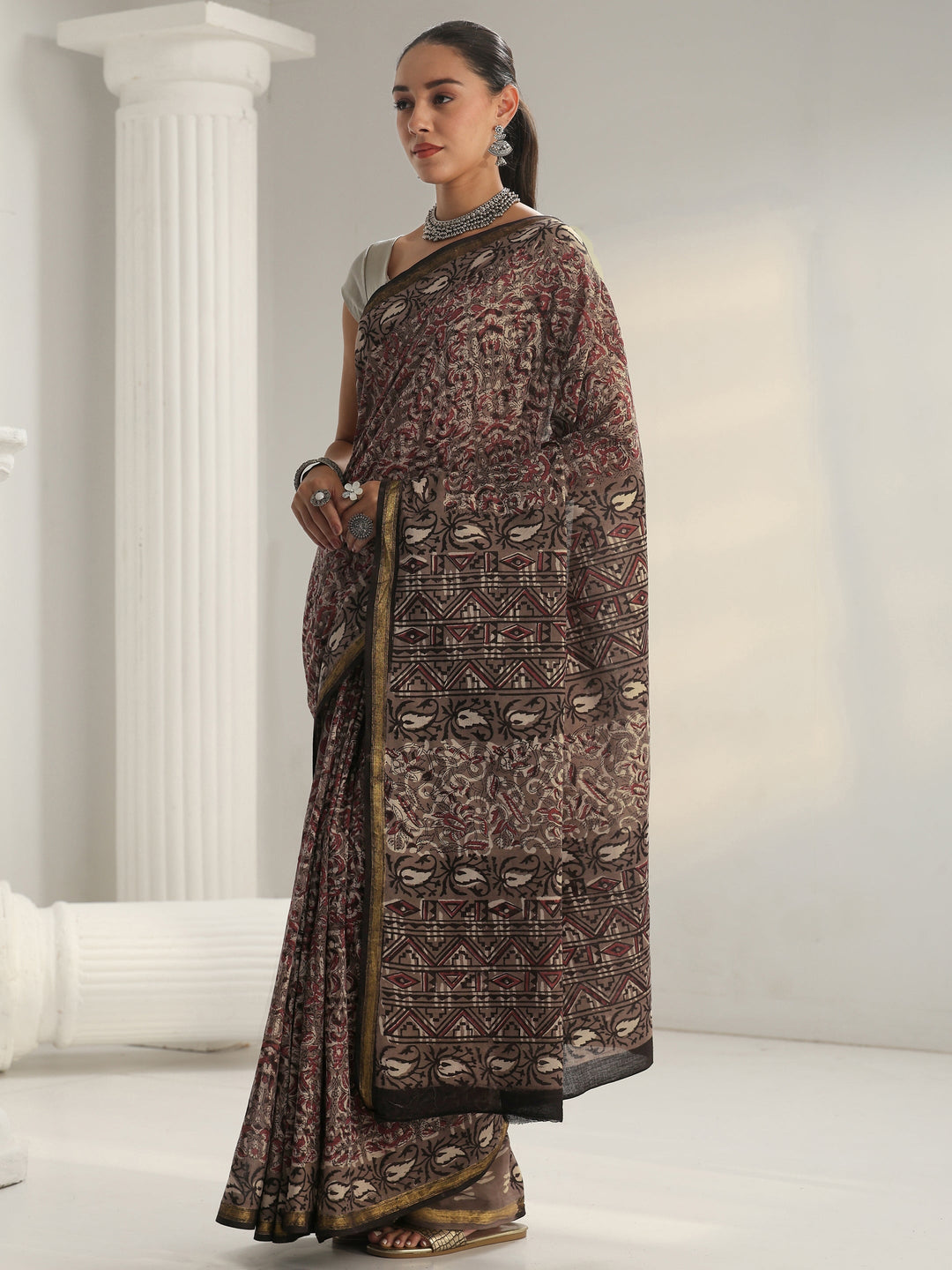  Grey Dabu Print Cotton Saree 