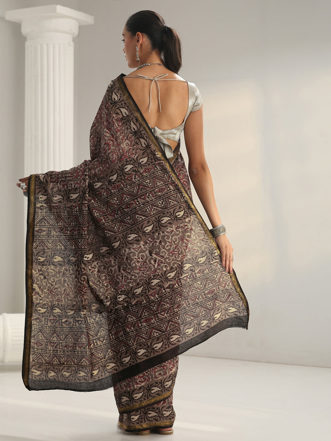  Grey Dabu Print Cotton Saree 