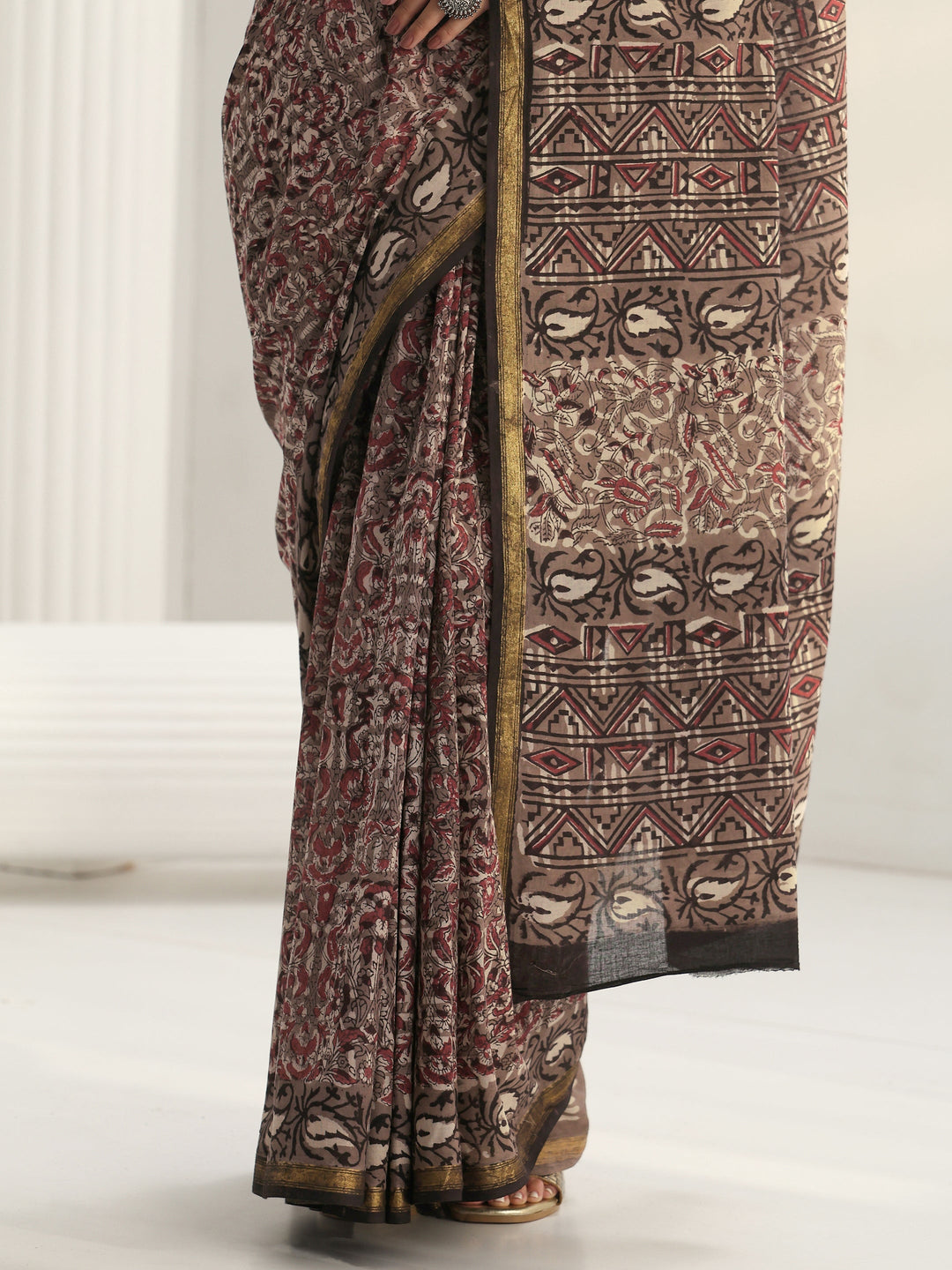  Grey Dabu Print Cotton Saree 