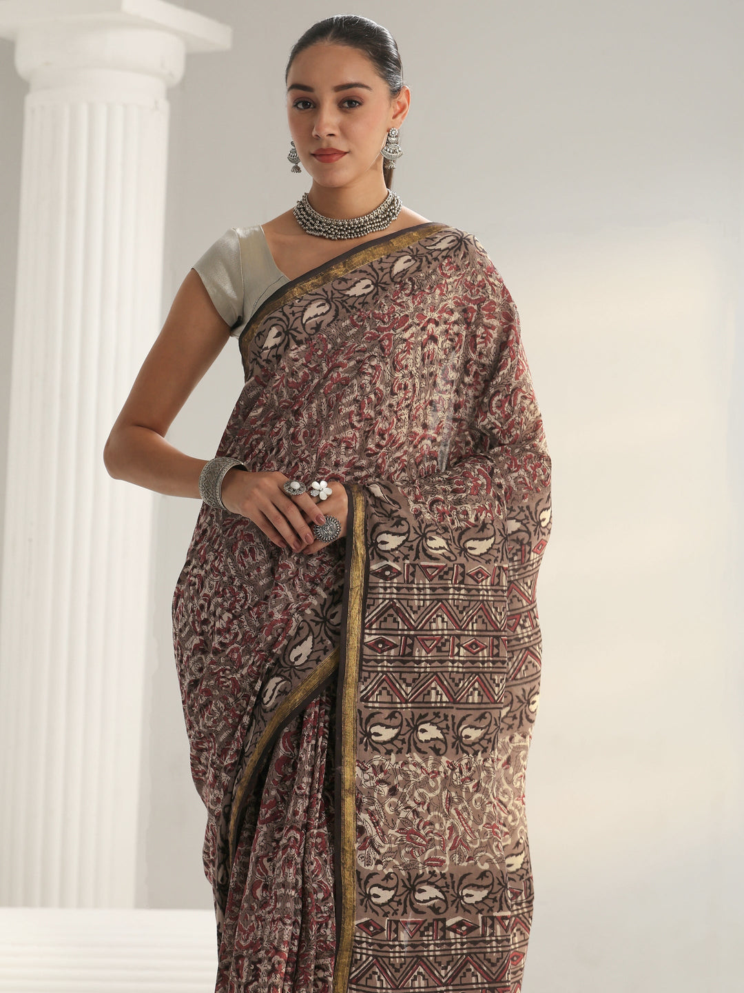  Grey Dabu Print Cotton Saree 