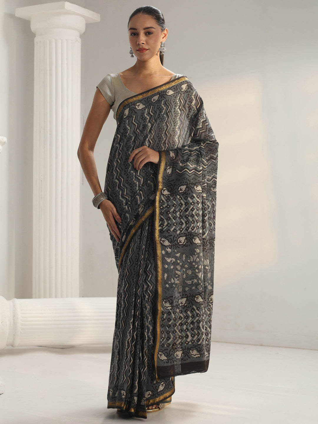  Grey Printed Cotton Saree 