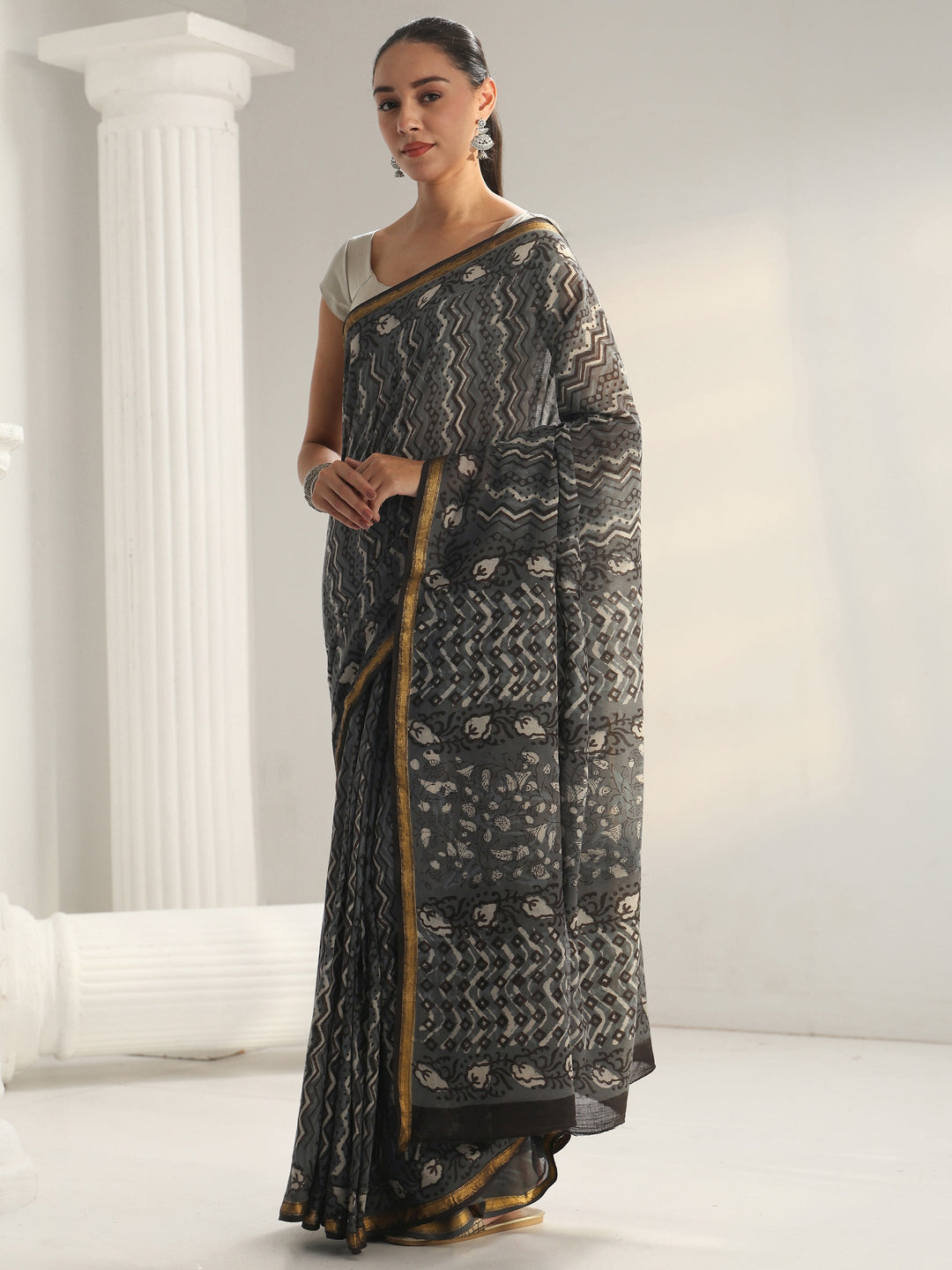 Grey Printed Cotton Saree 