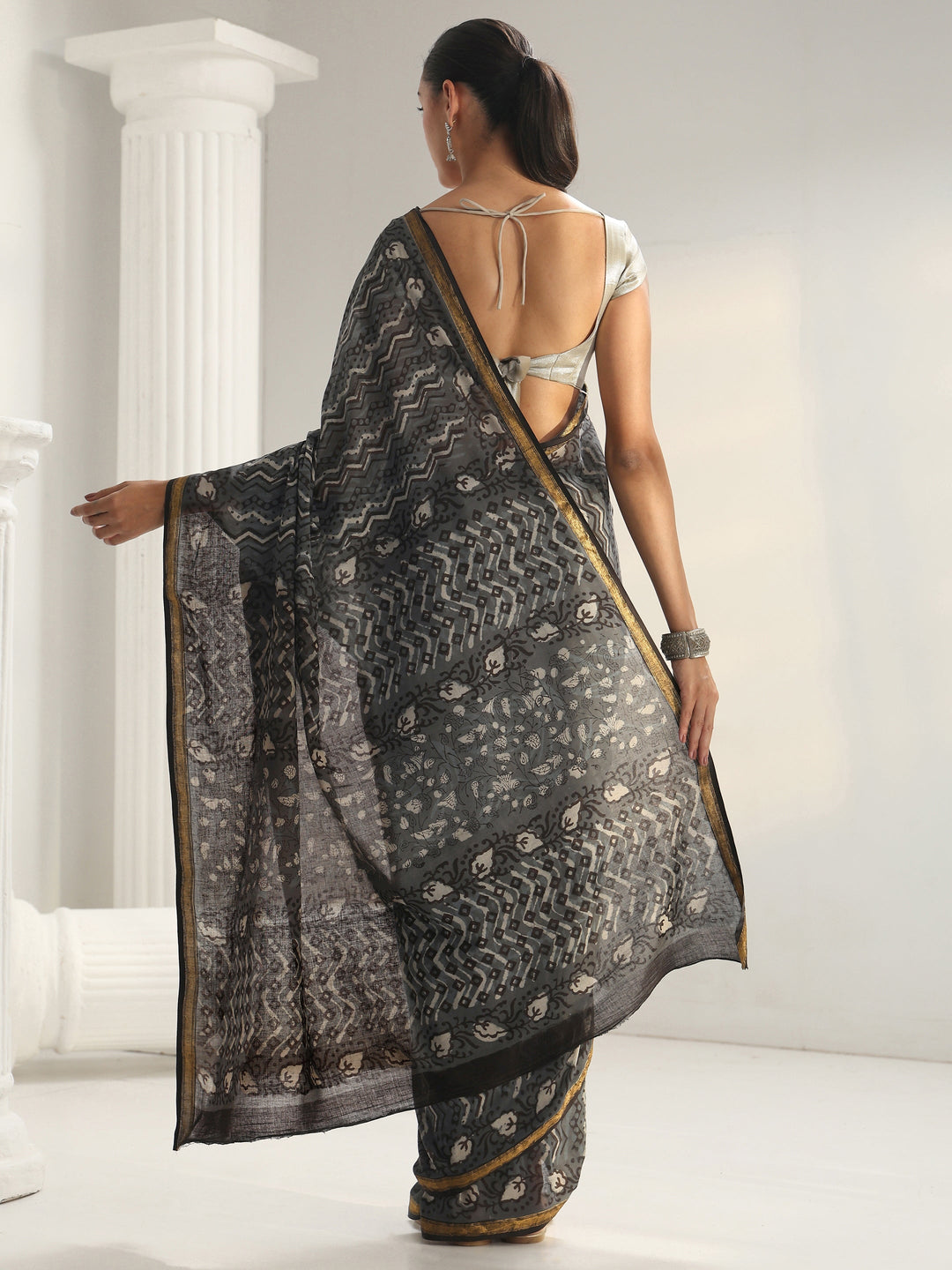  Grey Printed Cotton Saree 