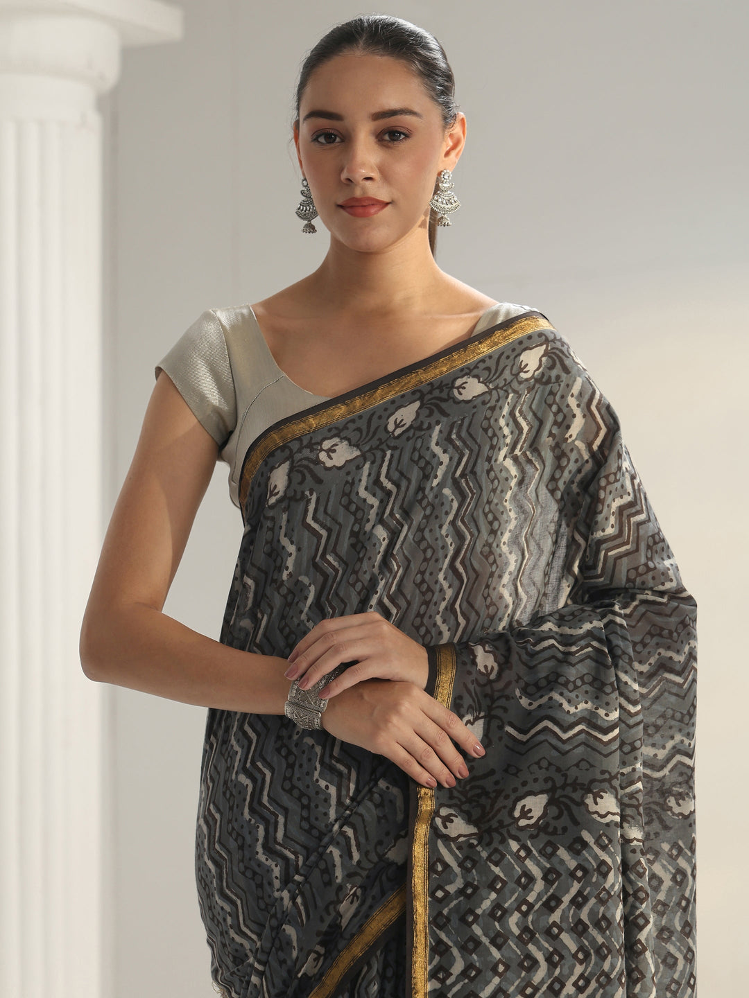  Grey Printed Cotton Saree 
