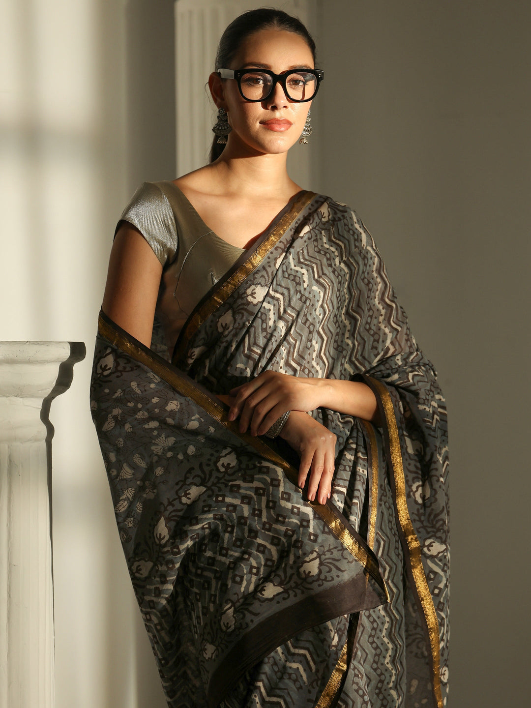  Grey Printed Cotton Saree 