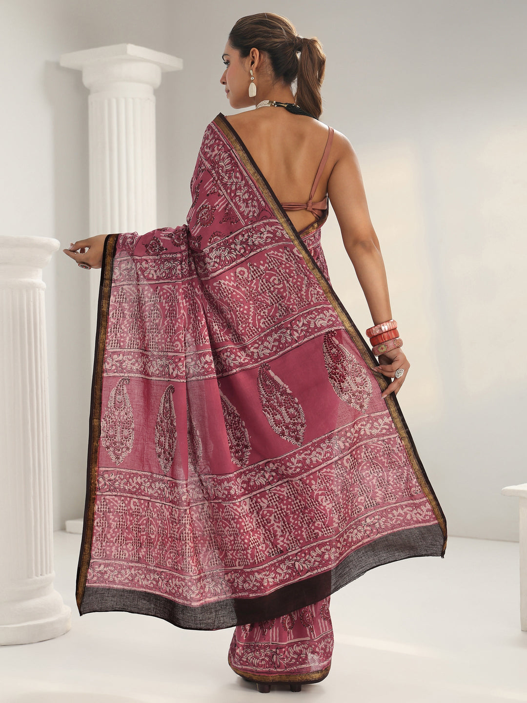  Pink Dabu Print Cotton Saree 
