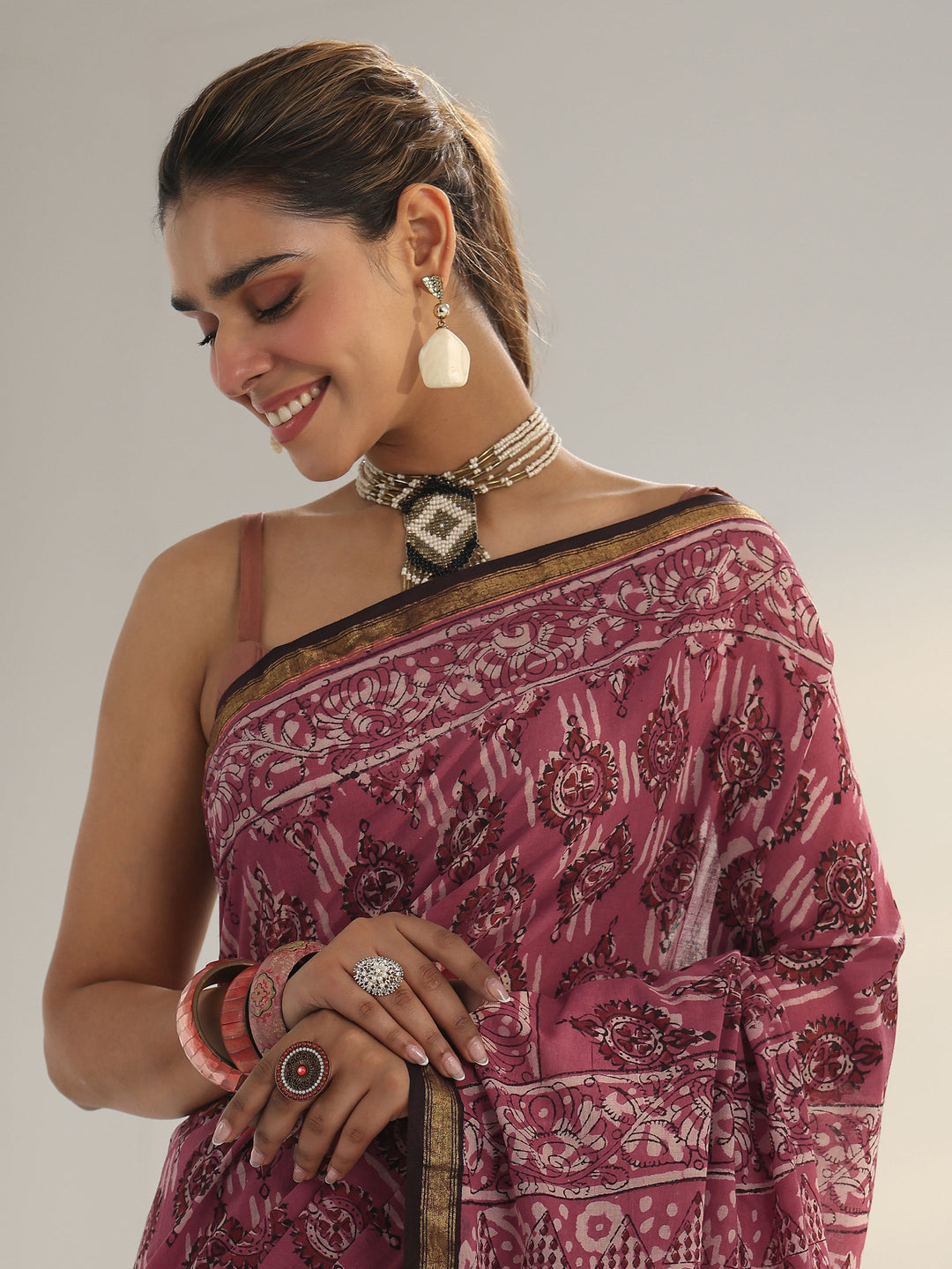  Pink Dabu Print Cotton Saree 