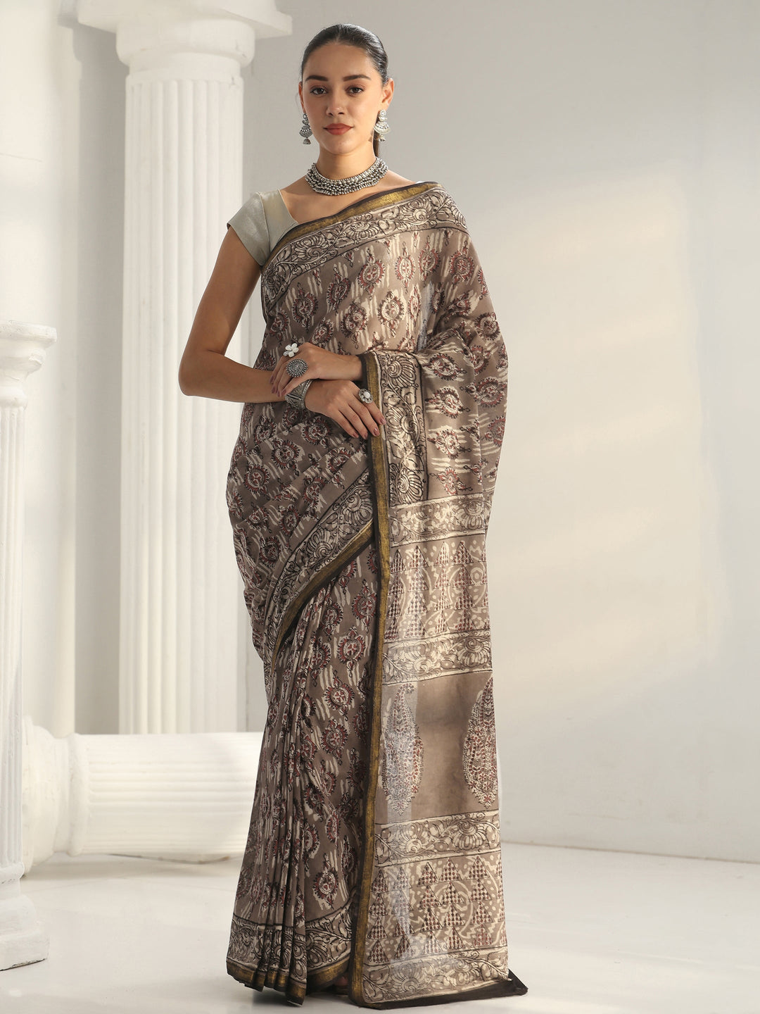 Grey Dabu Print Cotton Saree 