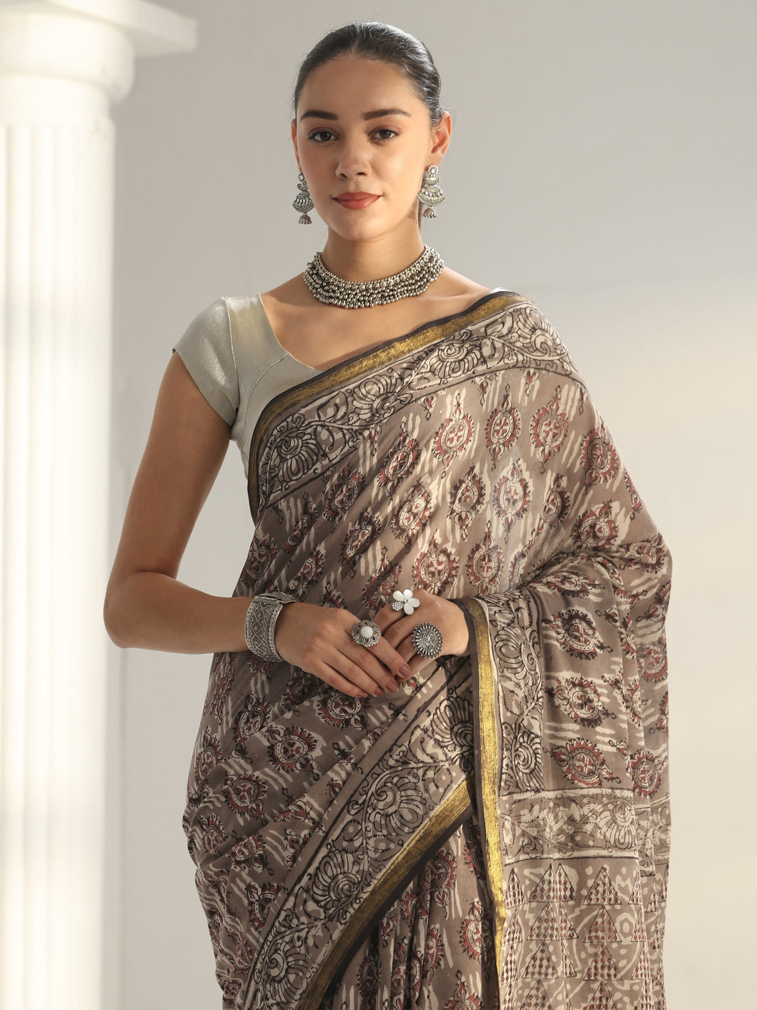  Grey Dabu Print Cotton Saree 