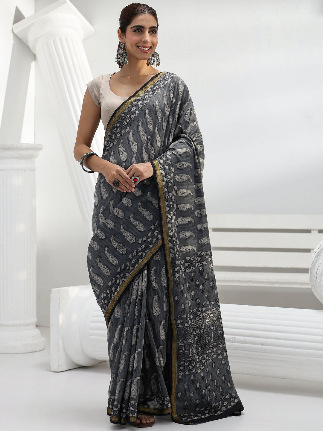  Grey Paisley Printed Cotton Saree 