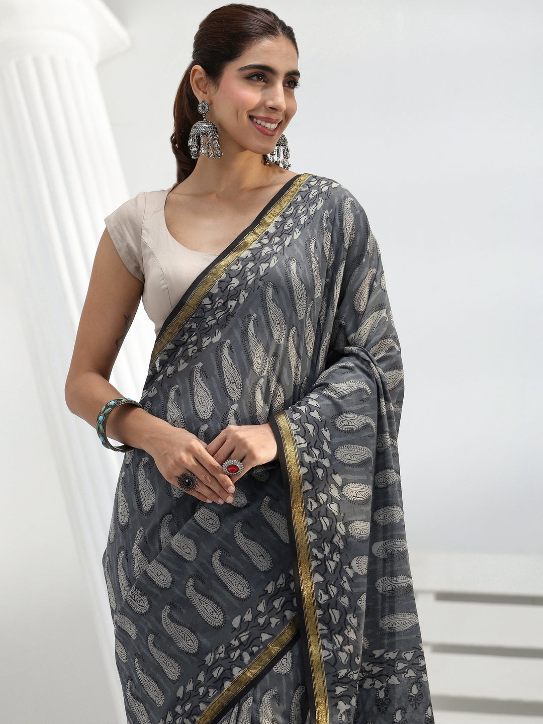 Grey Paisley Printed Cotton Saree 