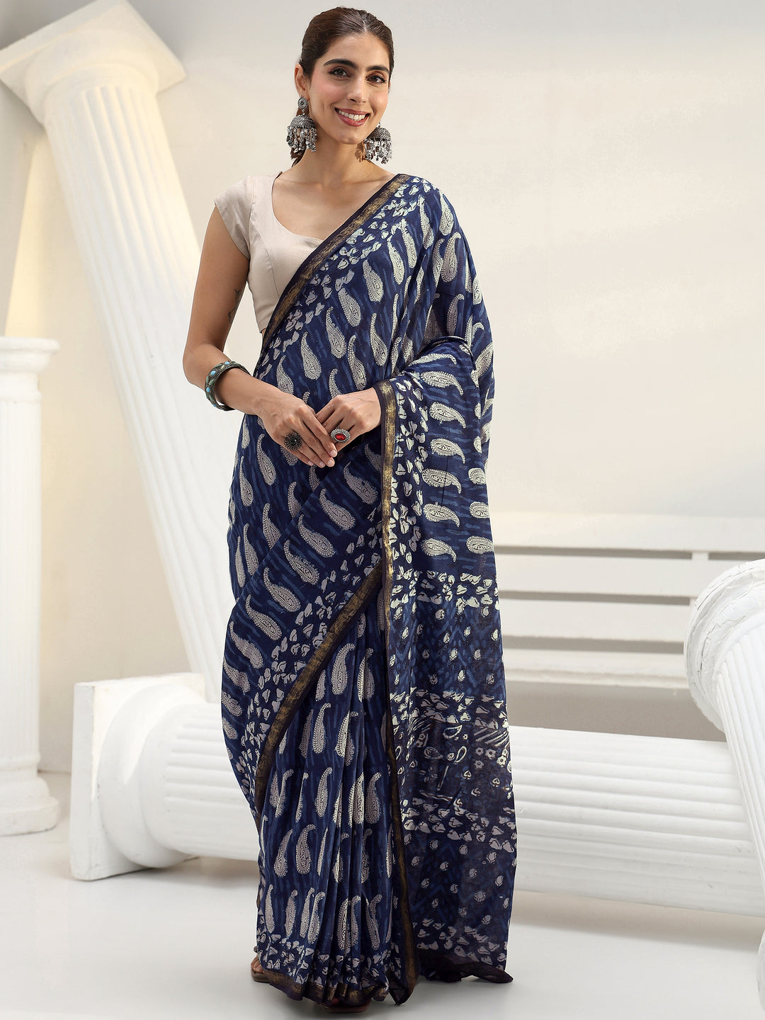  Indigo Paisley Printed Cotton Saree 