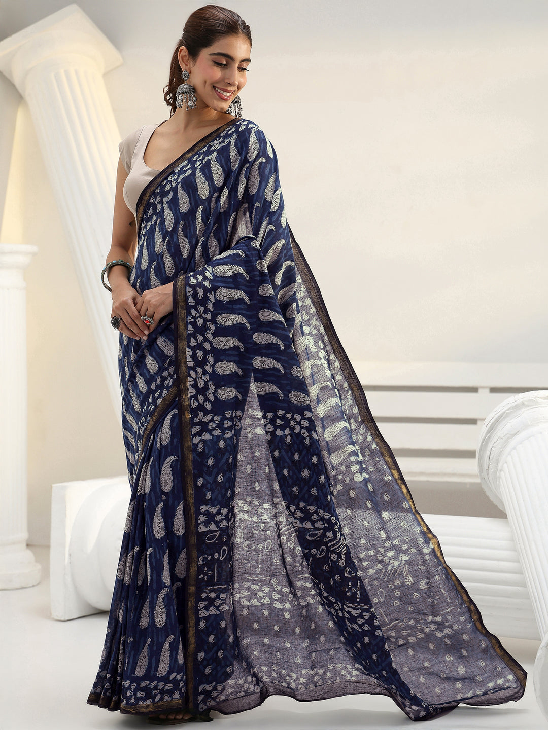  Indigo Paisley Printed Cotton Saree 