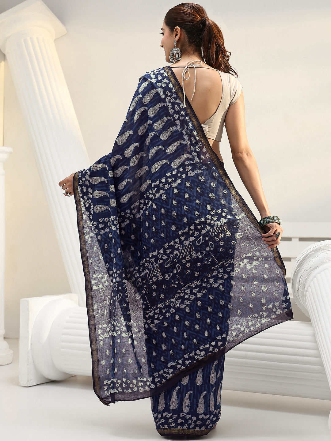  Indigo Paisley Printed Cotton Saree 