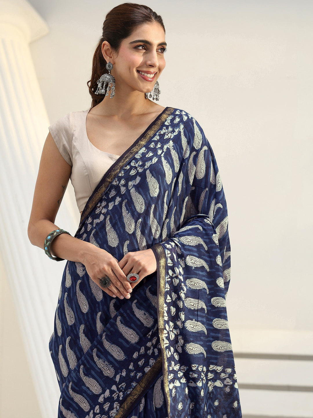 Indigo Paisley Printed Cotton Saree 