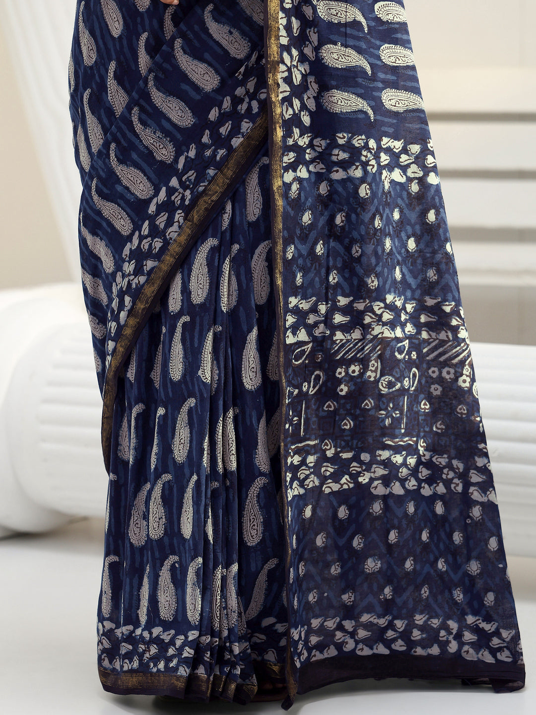  Indigo Paisley Printed Cotton Saree 