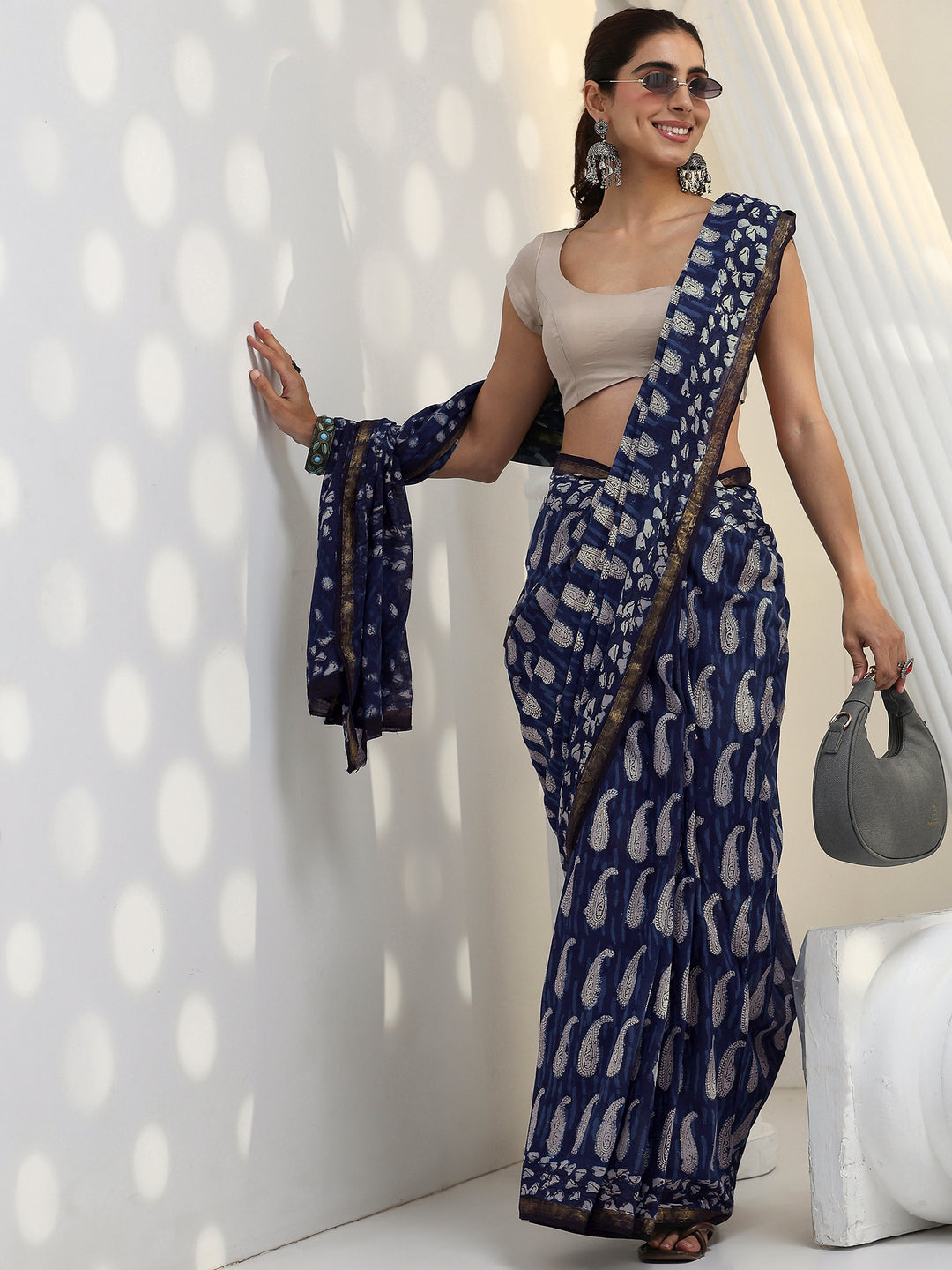  Indigo Paisley Printed Cotton Saree 