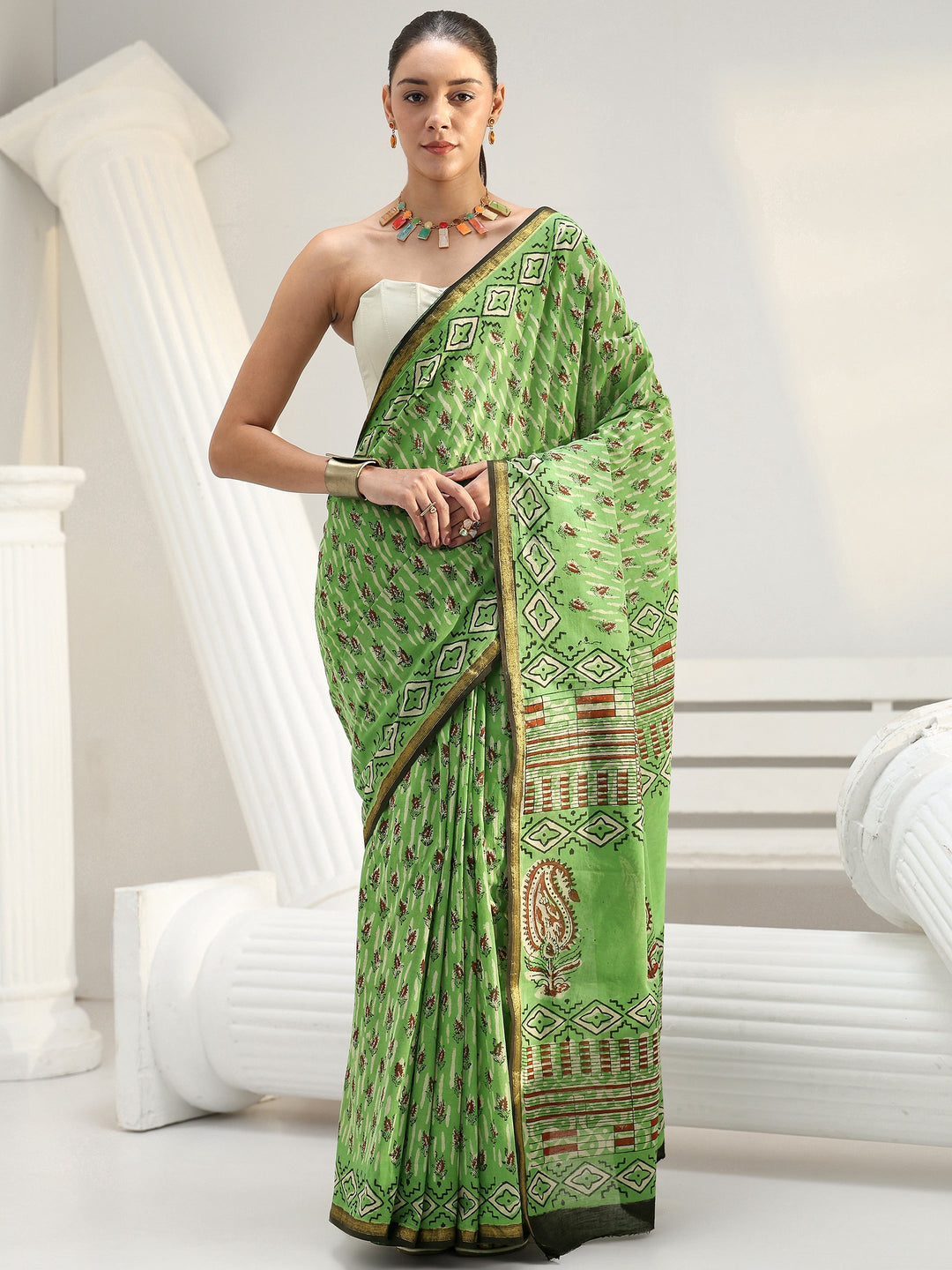  Green Floral Printed Cotton saree 