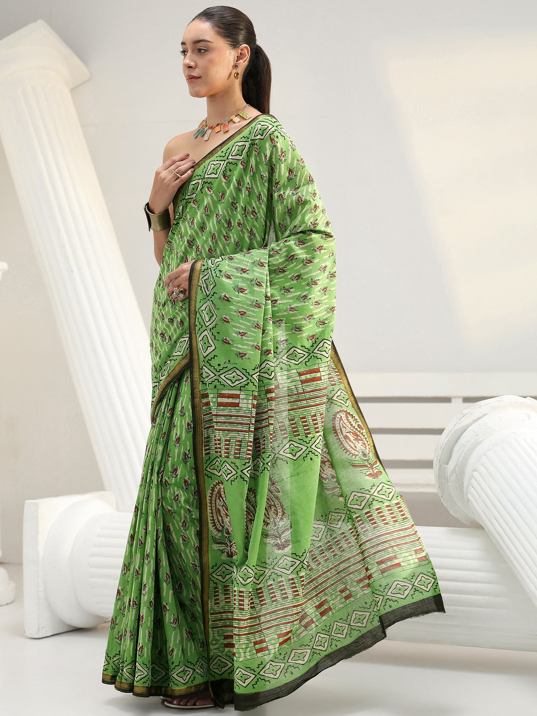  Green Floral Printed Cotton saree 