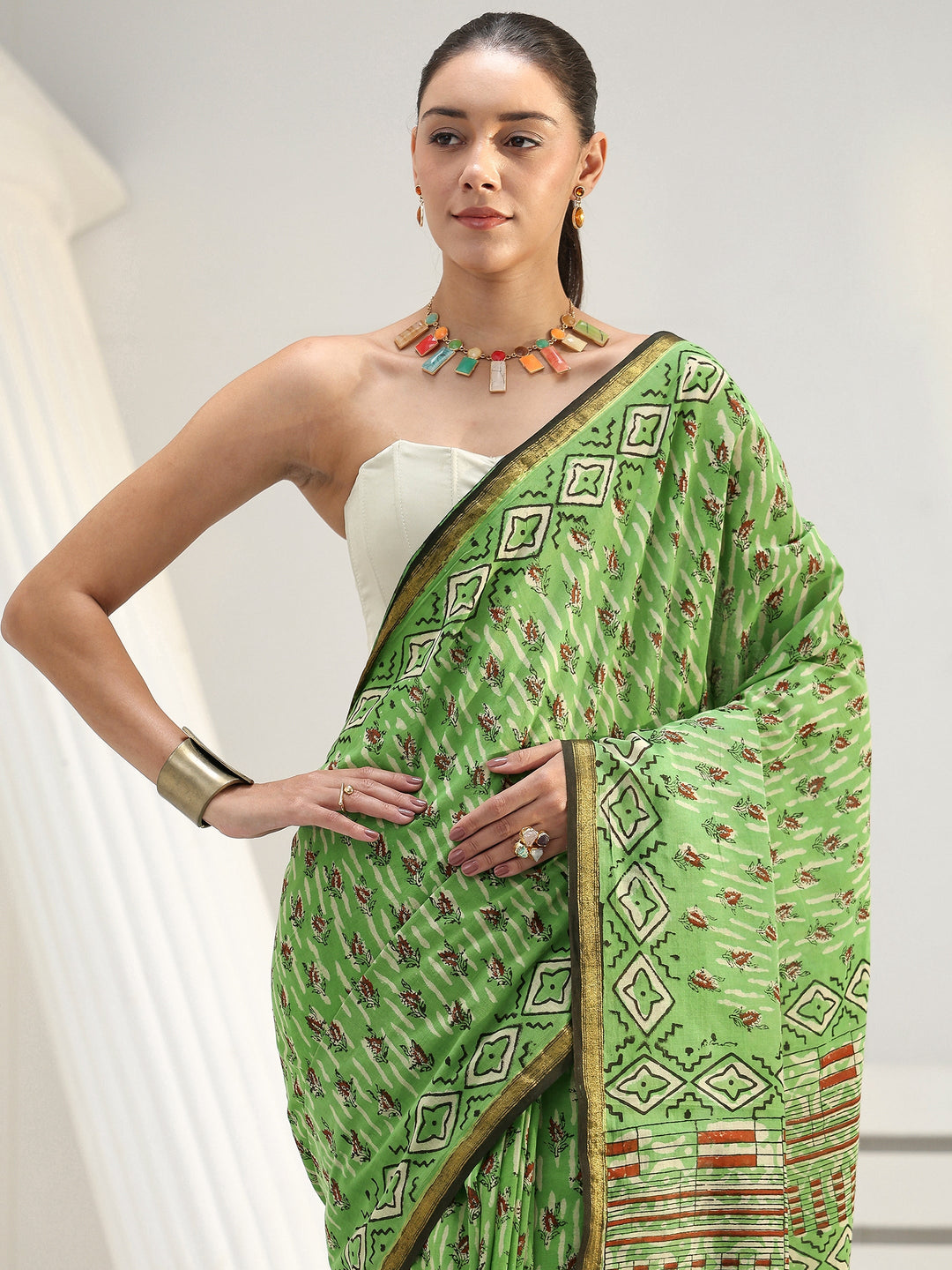  Green Floral Printed Cotton saree 