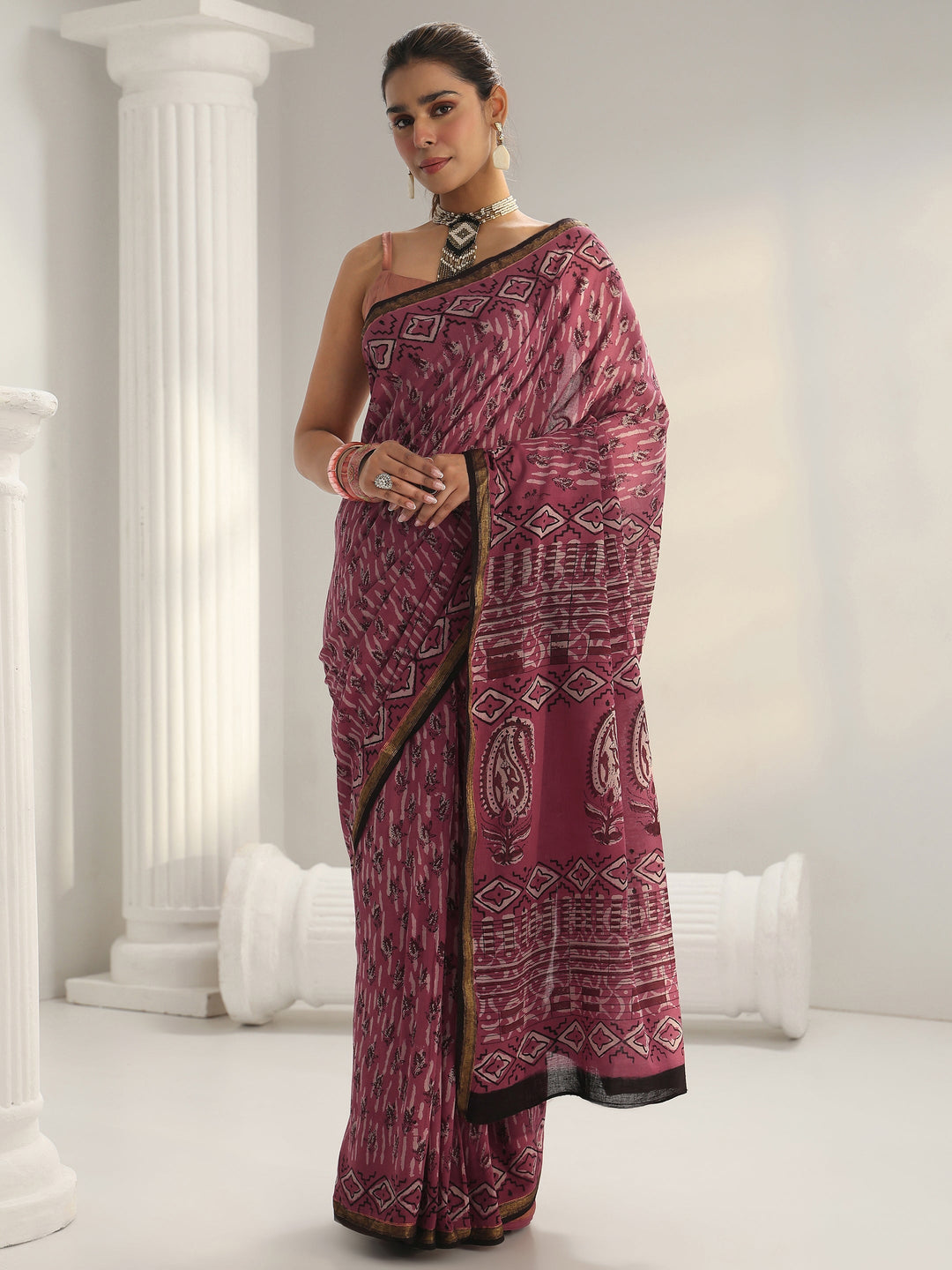  Pink Dabu Print Cotton Saree 