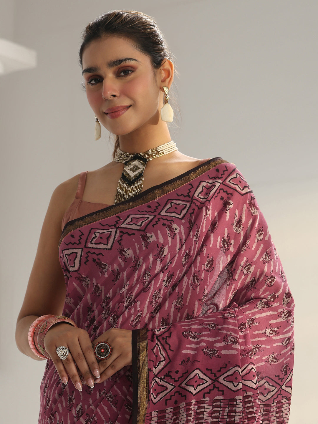 Pink Dabu Print Cotton Saree 