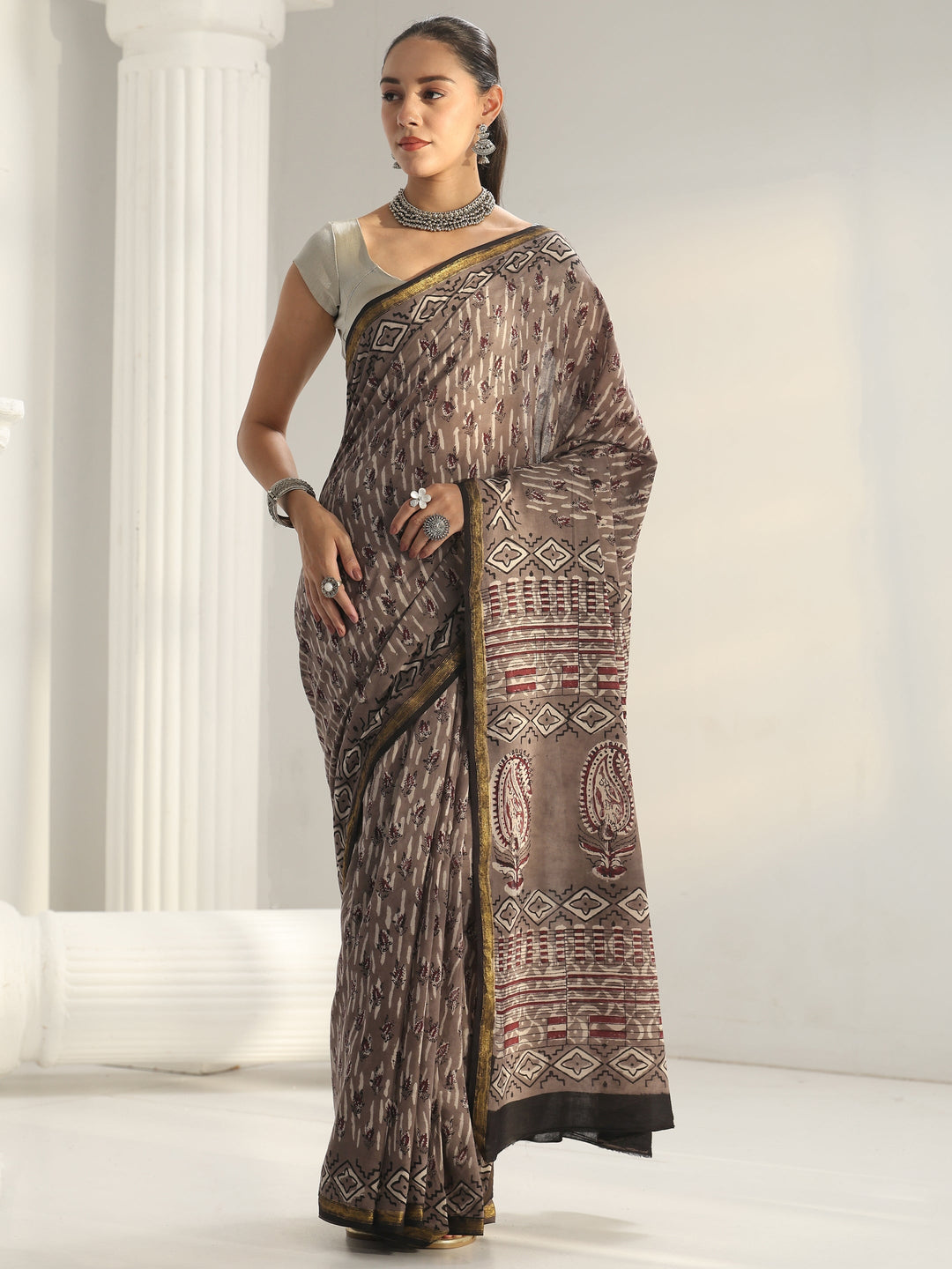  Grey Dabu Print Cotton Saree 