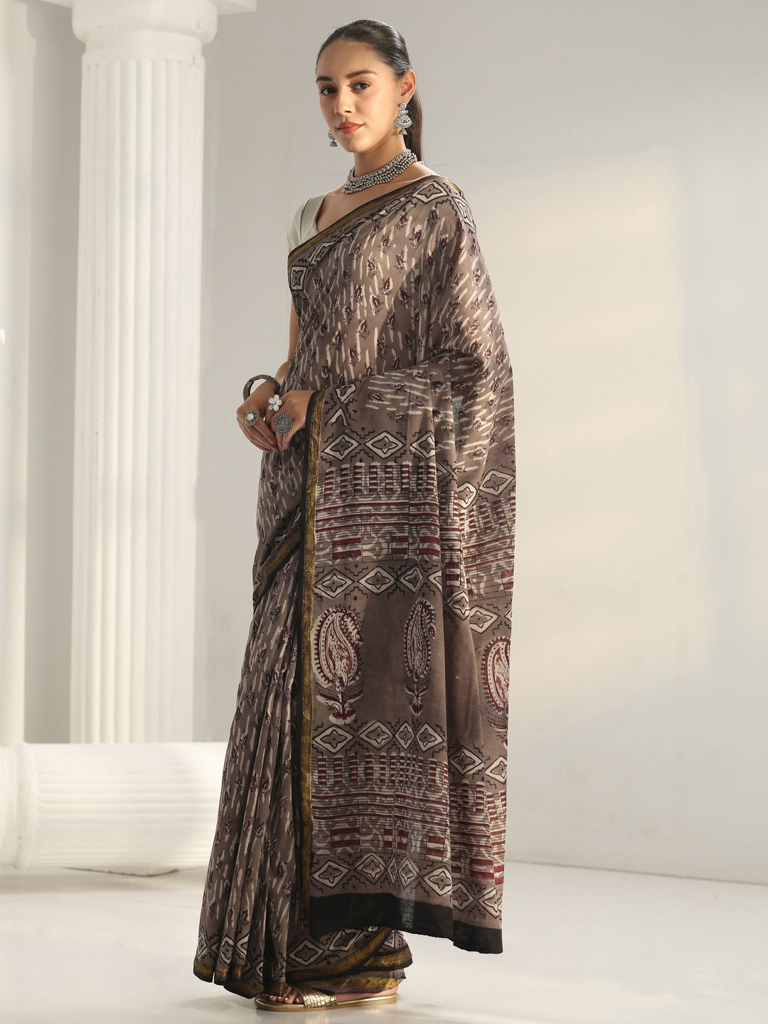  Grey Dabu Print Cotton Saree 