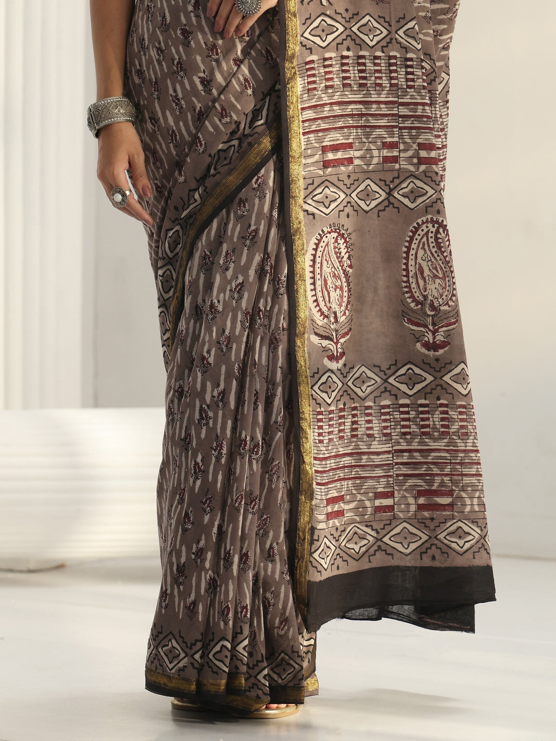  Grey Dabu Print Cotton Saree 