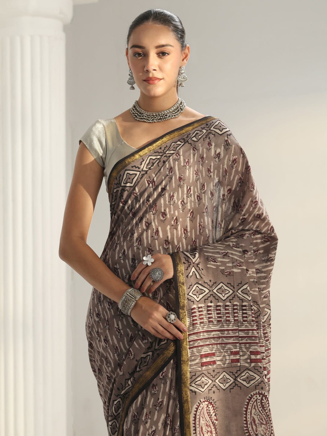  Grey Dabu Print Cotton Saree 