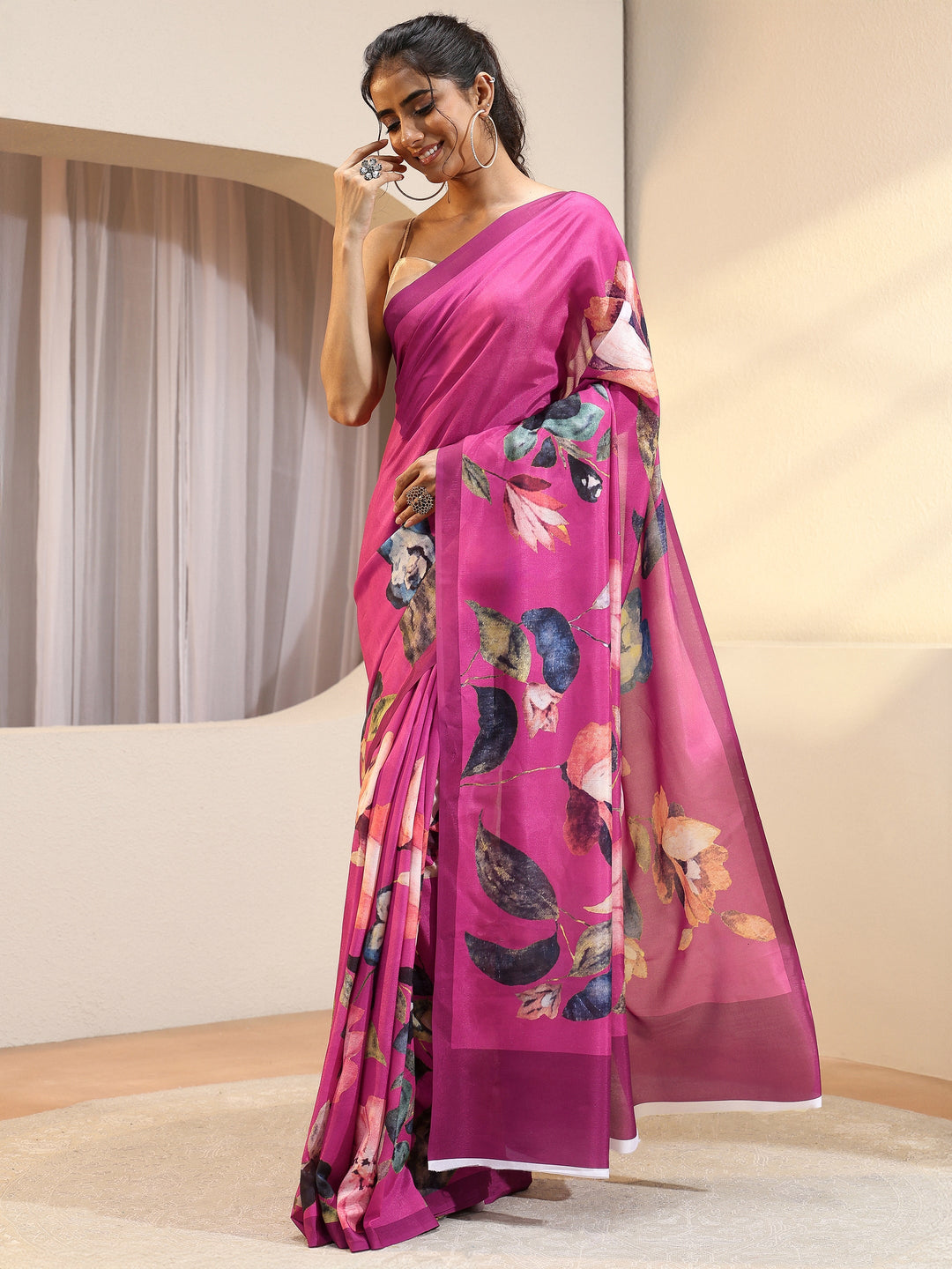  Rose Pink Floral Printed Silk Blend Saree 