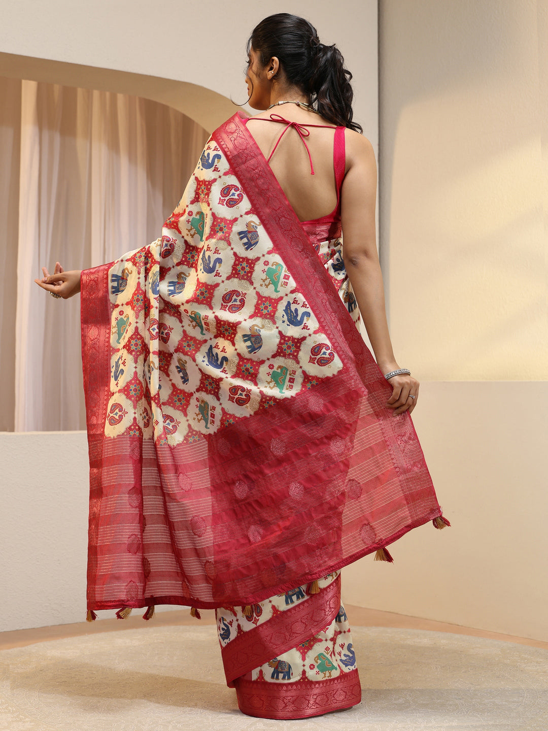  Cream Printed Silk Blend Patola Saree 