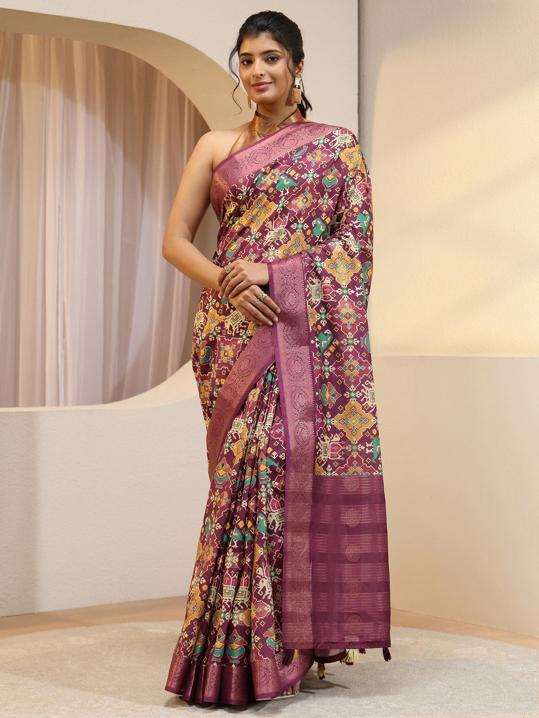  Burgundy Ethnic Print Silk Blend Patola Saree 
