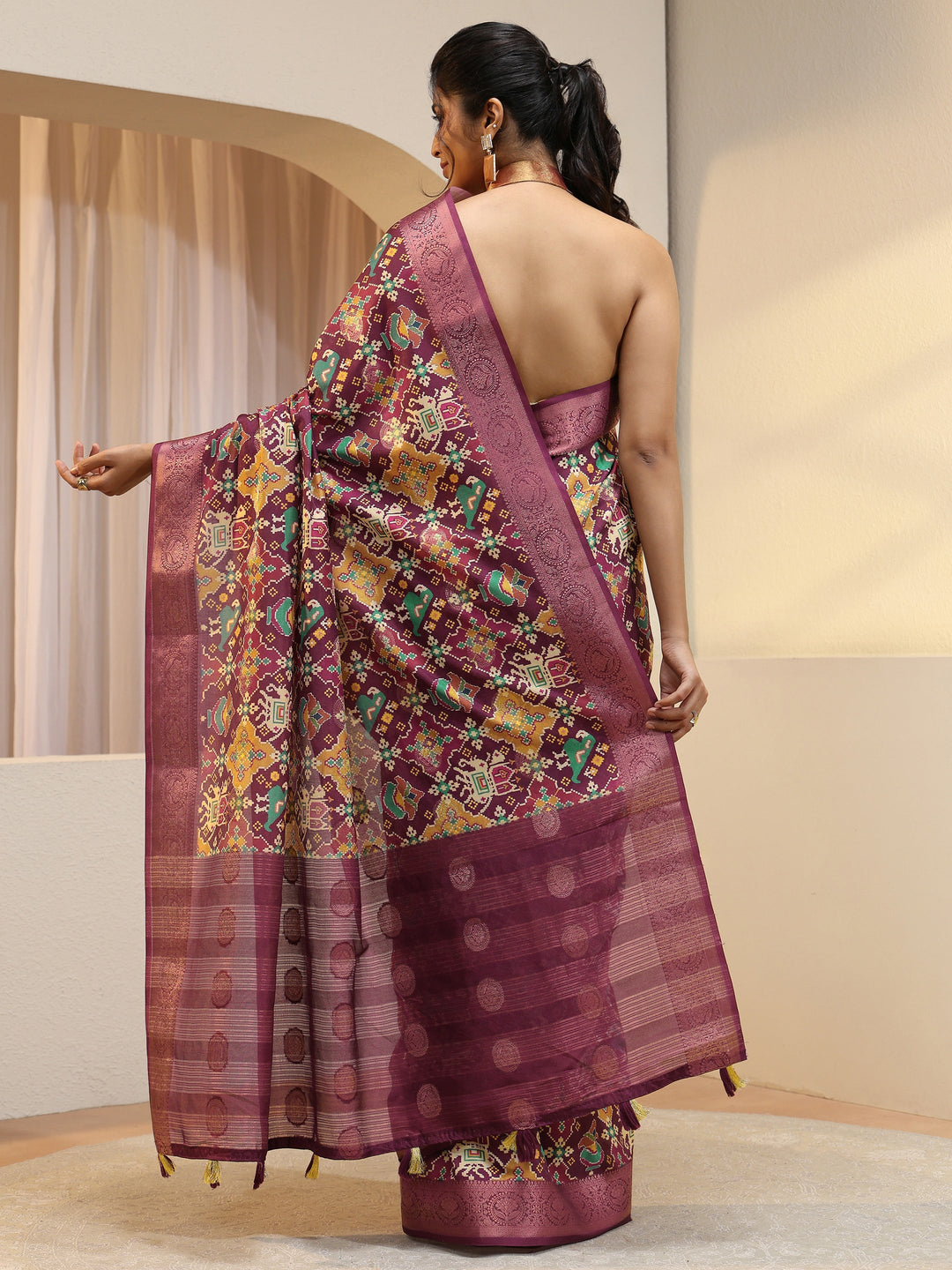  Burgundy Ethnic Print Silk Blend Patola Saree 