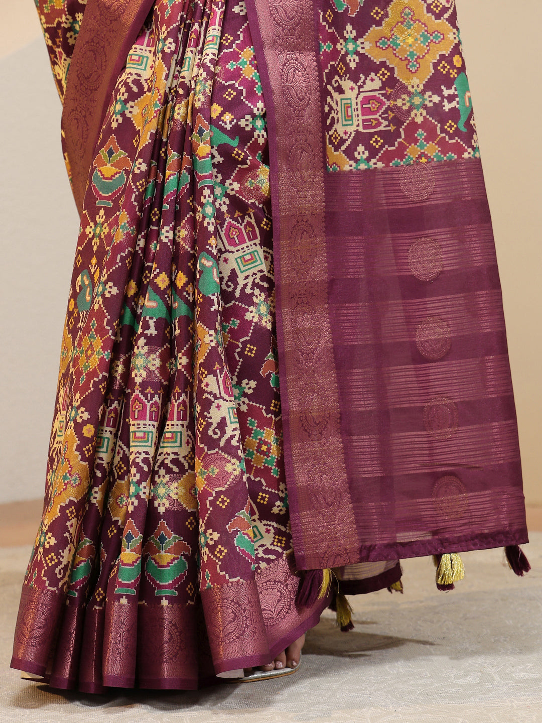  Burgundy Ethnic Print Silk Blend Patola Saree 