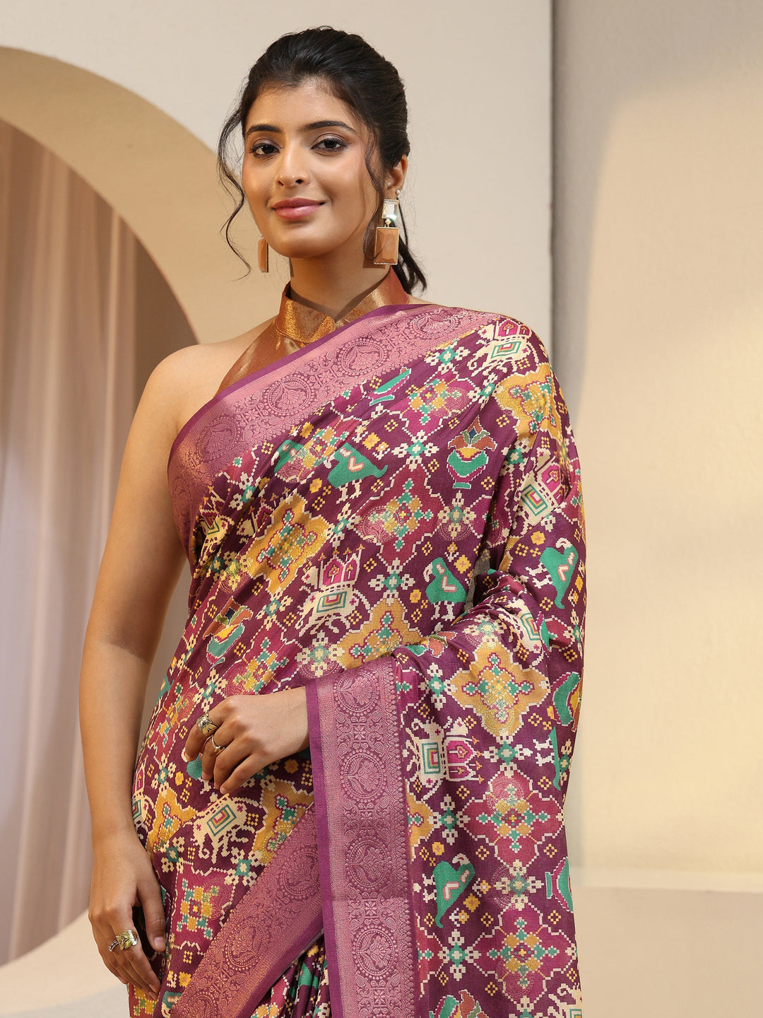  Burgundy Ethnic Print Silk Blend Patola Saree 