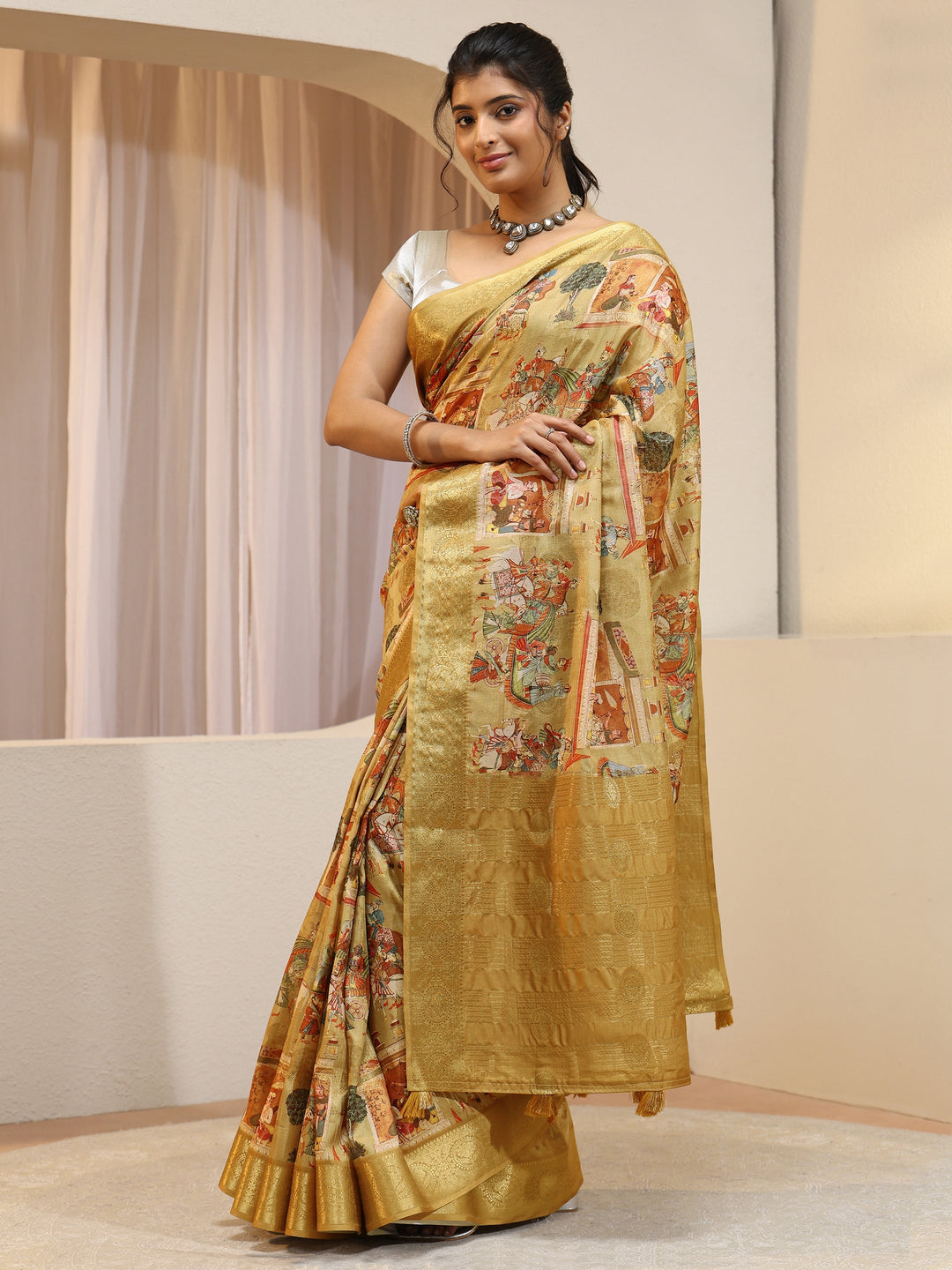  Mustard Maharaja Print Silk Blend Saree 