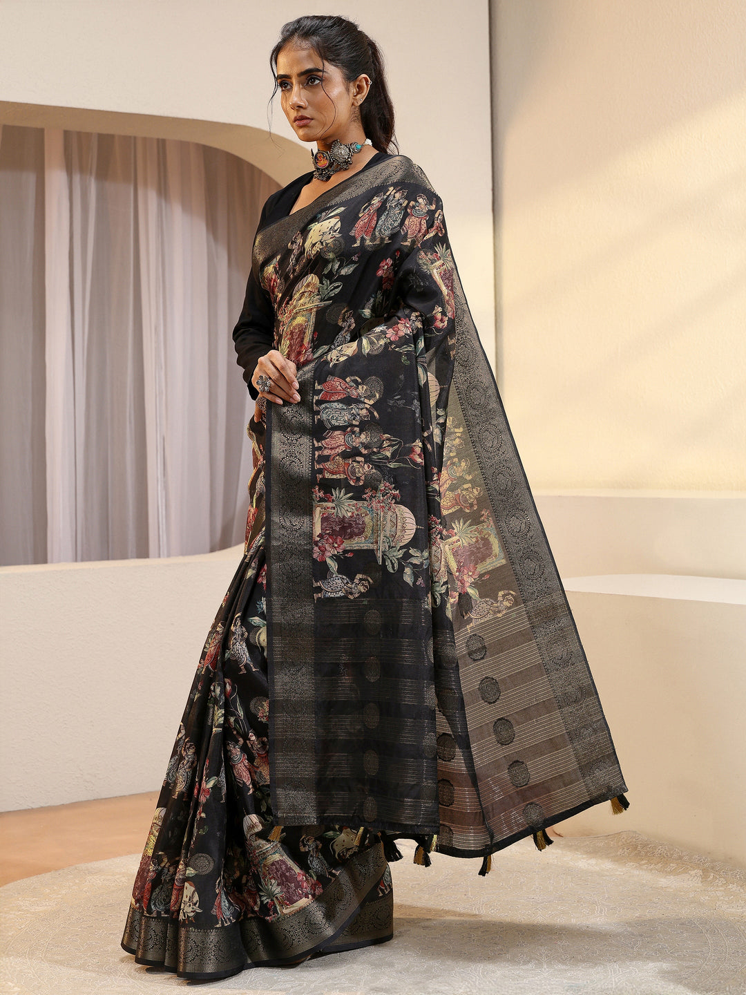  Black Maharaja Print Silk Blend Saree 