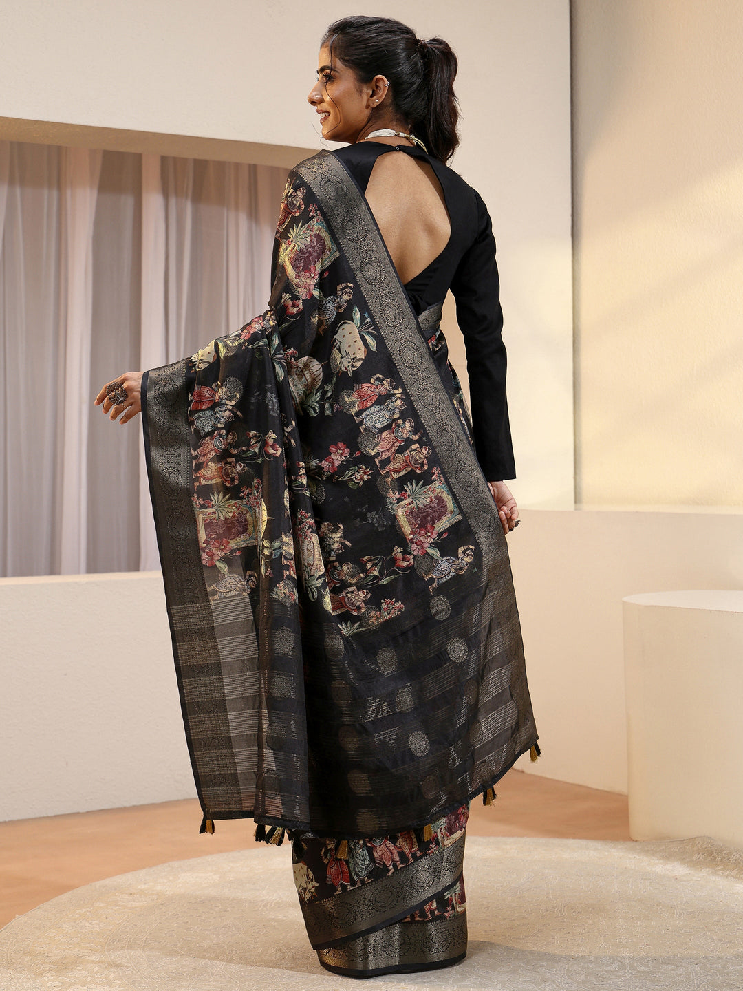  Black Maharaja Print Silk Blend Saree 