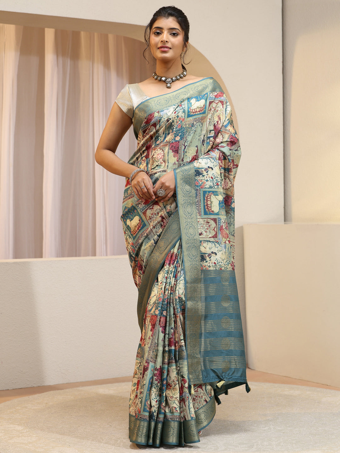  Henna Green Maharaja Print Silk Blend Saree 