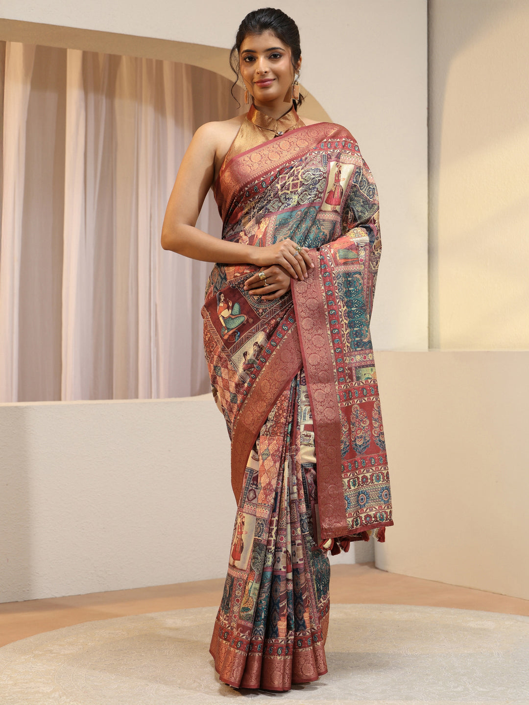  Multicolour Mughal Print Silk Blend Saree 