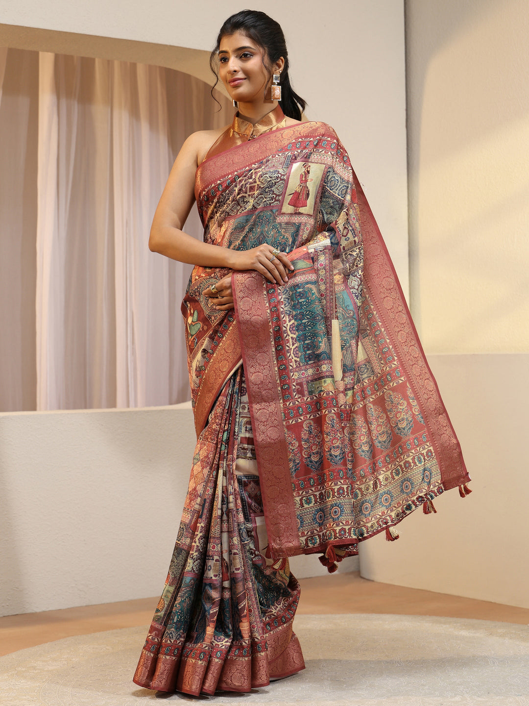  Multicolour Mughal Print Silk Blend Saree 